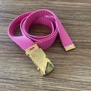 Vintage Pierre Cardin pink nylon Fabric Web Skinny Belt Gold Tone Logo Buckle